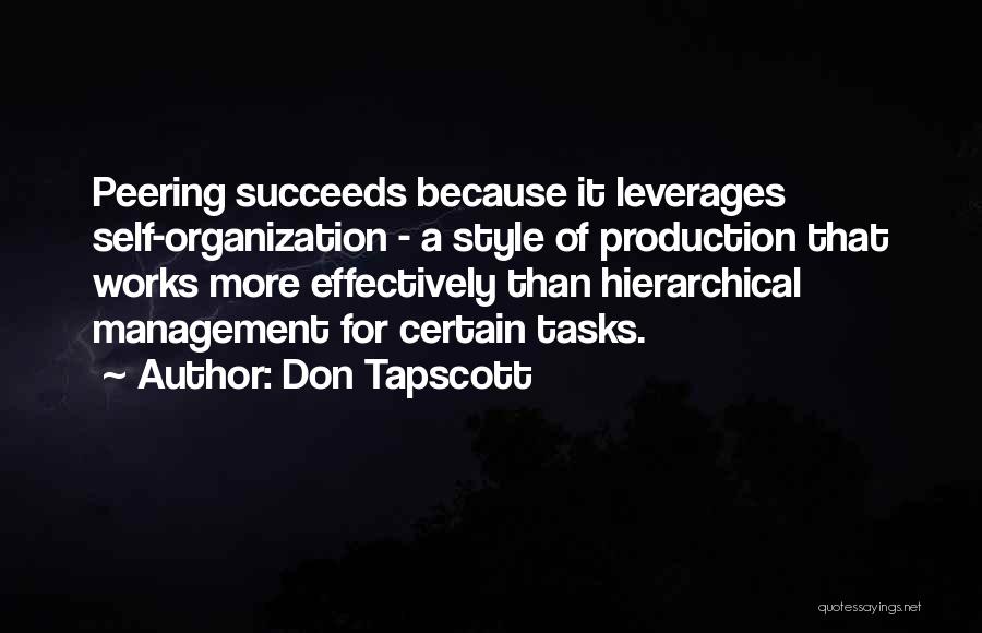 Don Tapscott Quotes: Peering Succeeds Because It Leverages Self-organization - A Style Of Production That Works More Effectively Than Hierarchical Management For Certain