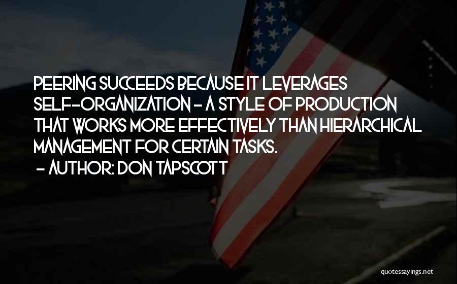 Don Tapscott Quotes: Peering Succeeds Because It Leverages Self-organization - A Style Of Production That Works More Effectively Than Hierarchical Management For Certain