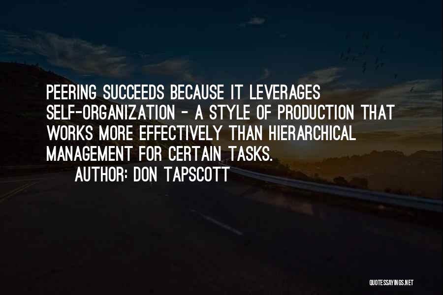 Don Tapscott Quotes: Peering Succeeds Because It Leverages Self-organization - A Style Of Production That Works More Effectively Than Hierarchical Management For Certain