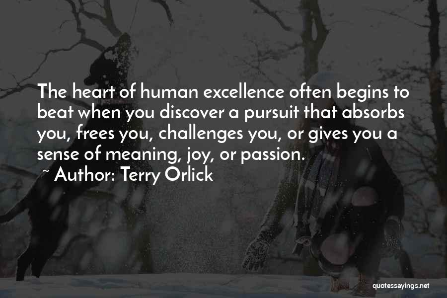 Terry Orlick Quotes: The Heart Of Human Excellence Often Begins To Beat When You Discover A Pursuit That Absorbs You, Frees You, Challenges