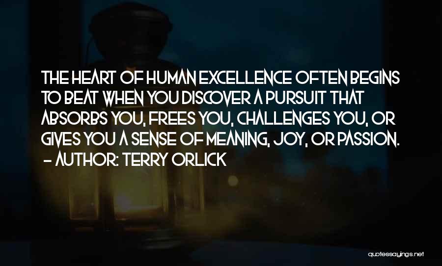 Terry Orlick Quotes: The Heart Of Human Excellence Often Begins To Beat When You Discover A Pursuit That Absorbs You, Frees You, Challenges