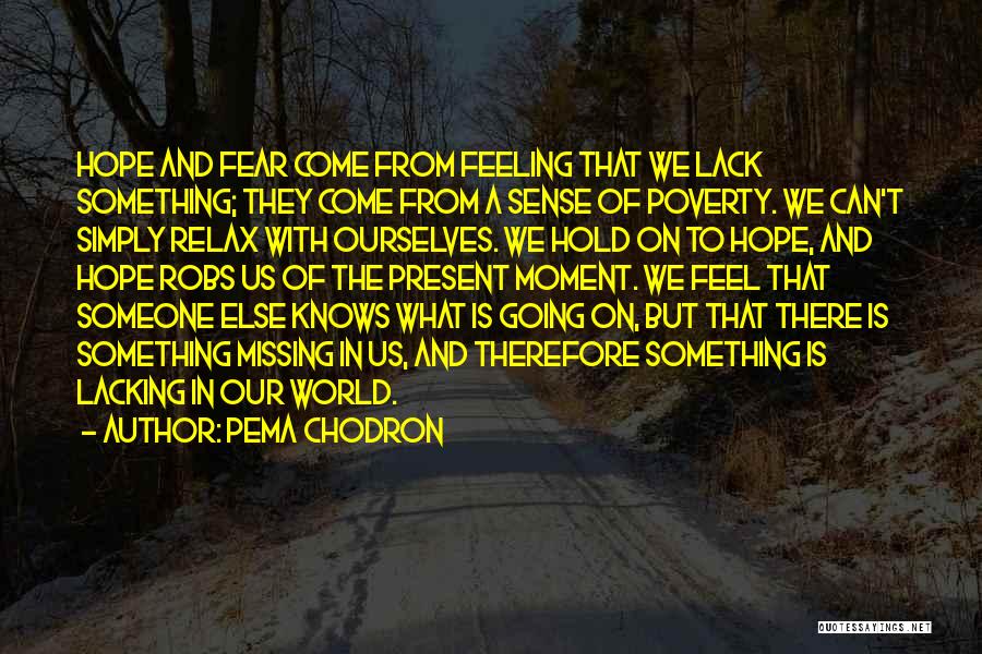 Pema Chodron Quotes: Hope And Fear Come From Feeling That We Lack Something; They Come From A Sense Of Poverty. We Can't Simply