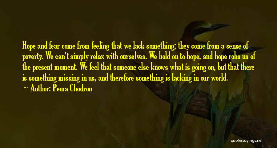 Pema Chodron Quotes: Hope And Fear Come From Feeling That We Lack Something; They Come From A Sense Of Poverty. We Can't Simply