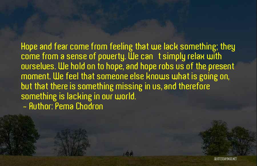 Pema Chodron Quotes: Hope And Fear Come From Feeling That We Lack Something; They Come From A Sense Of Poverty. We Can't Simply