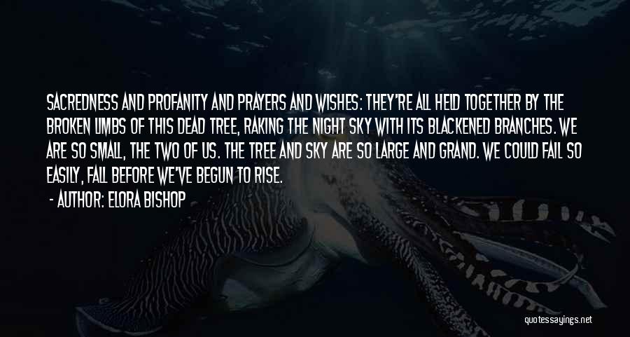Elora Bishop Quotes: Sacredness And Profanity And Prayers And Wishes: They're All Held Together By The Broken Limbs Of This Dead Tree, Raking