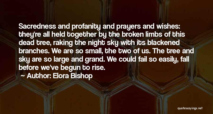 Elora Bishop Quotes: Sacredness And Profanity And Prayers And Wishes: They're All Held Together By The Broken Limbs Of This Dead Tree, Raking