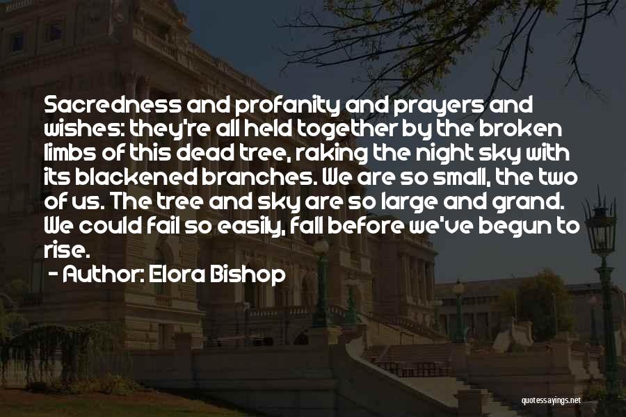 Elora Bishop Quotes: Sacredness And Profanity And Prayers And Wishes: They're All Held Together By The Broken Limbs Of This Dead Tree, Raking