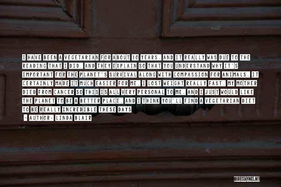 Linda Blair Quotes: I Have Been A Vegetarian For About 10 Years. And It Really Was Due To The Reading That I Did.