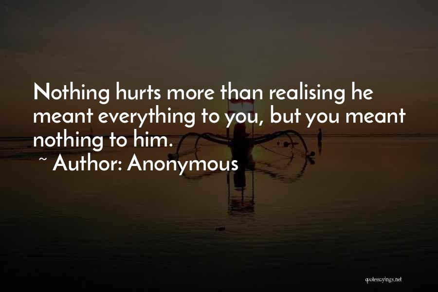 Anonymous Quotes: Nothing Hurts More Than Realising He Meant Everything To You, But You Meant Nothing To Him.