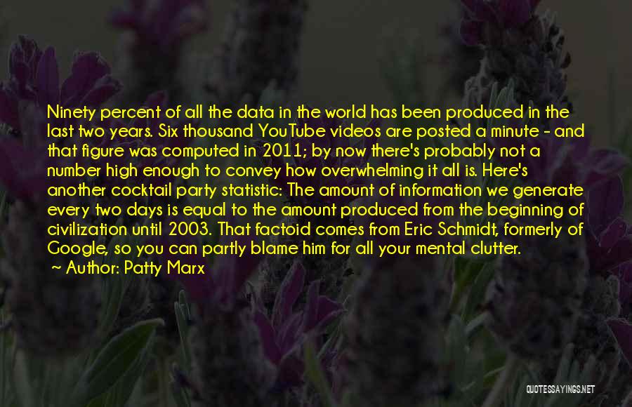 Patty Marx Quotes: Ninety Percent Of All The Data In The World Has Been Produced In The Last Two Years. Six Thousand Youtube