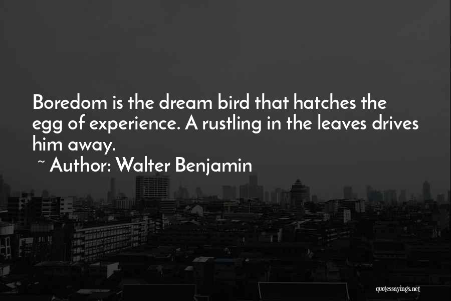 Walter Benjamin Quotes: Boredom Is The Dream Bird That Hatches The Egg Of Experience. A Rustling In The Leaves Drives Him Away.