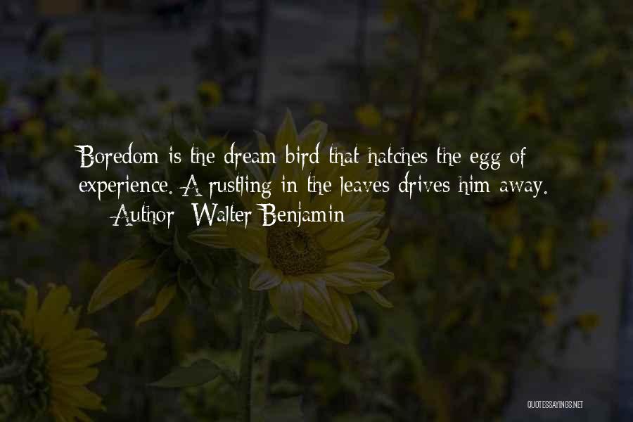Walter Benjamin Quotes: Boredom Is The Dream Bird That Hatches The Egg Of Experience. A Rustling In The Leaves Drives Him Away.