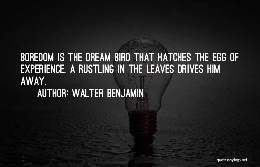 Walter Benjamin Quotes: Boredom Is The Dream Bird That Hatches The Egg Of Experience. A Rustling In The Leaves Drives Him Away.
