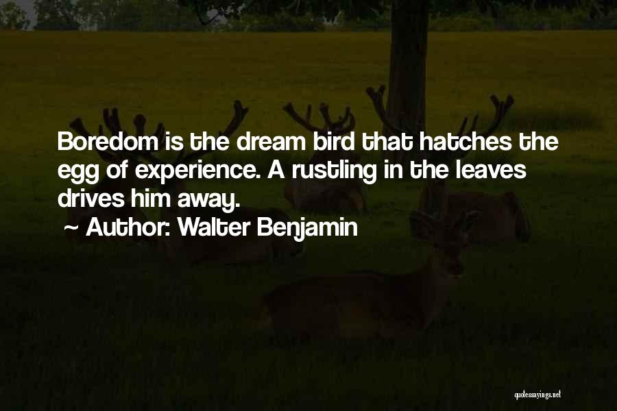 Walter Benjamin Quotes: Boredom Is The Dream Bird That Hatches The Egg Of Experience. A Rustling In The Leaves Drives Him Away.