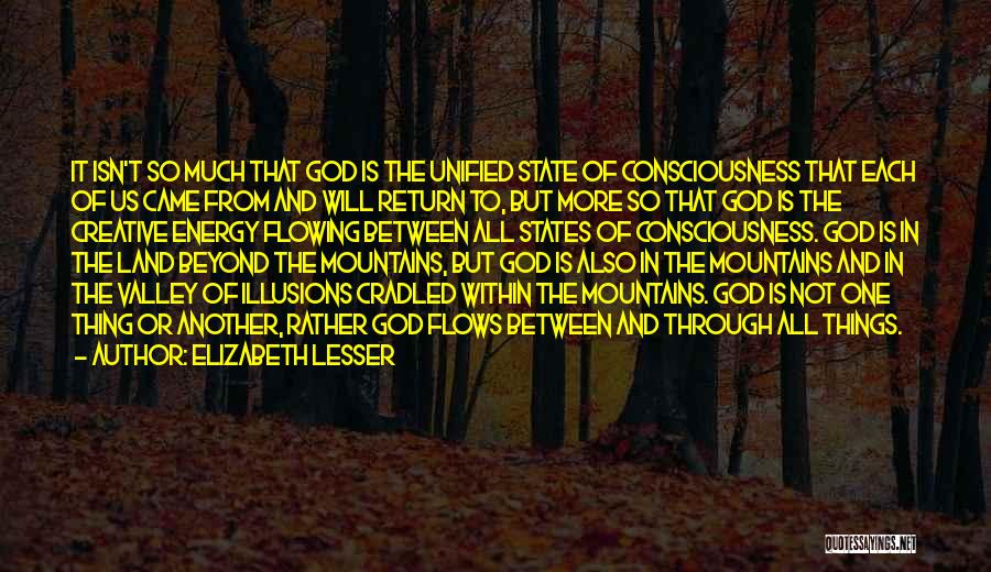 Elizabeth Lesser Quotes: It Isn't So Much That God Is The Unified State Of Consciousness That Each Of Us Came From And Will