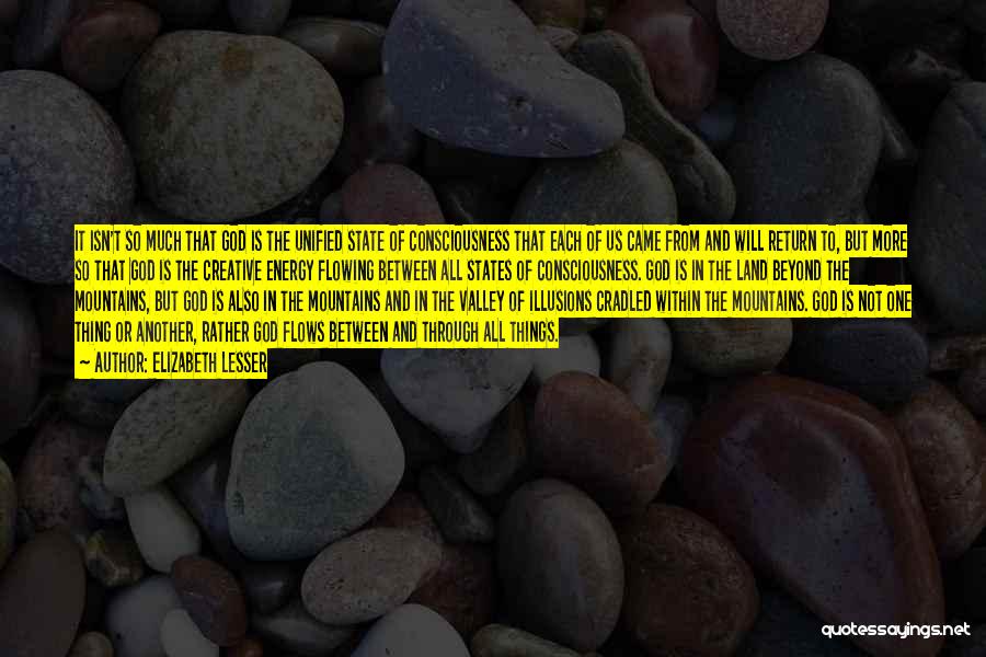 Elizabeth Lesser Quotes: It Isn't So Much That God Is The Unified State Of Consciousness That Each Of Us Came From And Will