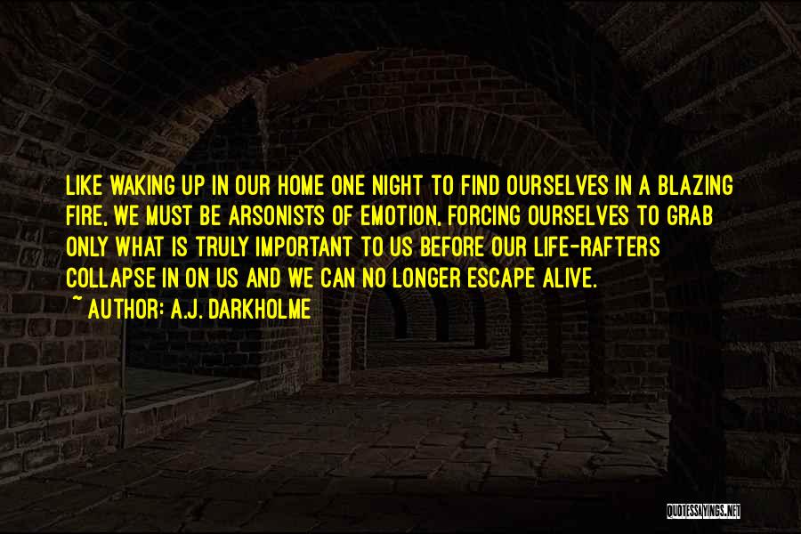 A.J. Darkholme Quotes: Like Waking Up In Our Home One Night To Find Ourselves In A Blazing Fire, We Must Be Arsonists Of