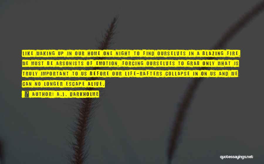 A.J. Darkholme Quotes: Like Waking Up In Our Home One Night To Find Ourselves In A Blazing Fire, We Must Be Arsonists Of