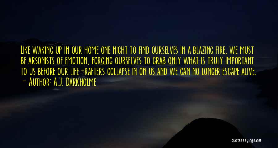 A.J. Darkholme Quotes: Like Waking Up In Our Home One Night To Find Ourselves In A Blazing Fire, We Must Be Arsonists Of