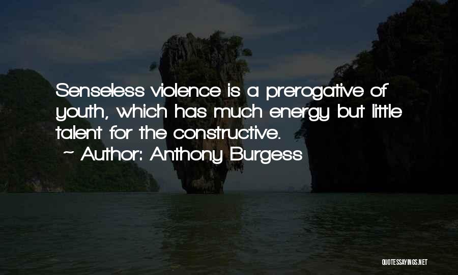 Anthony Burgess Quotes: Senseless Violence Is A Prerogative Of Youth, Which Has Much Energy But Little Talent For The Constructive.