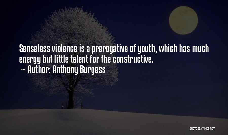 Anthony Burgess Quotes: Senseless Violence Is A Prerogative Of Youth, Which Has Much Energy But Little Talent For The Constructive.