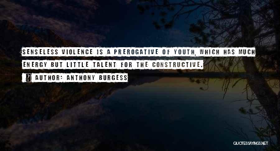 Anthony Burgess Quotes: Senseless Violence Is A Prerogative Of Youth, Which Has Much Energy But Little Talent For The Constructive.