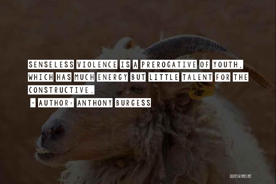 Anthony Burgess Quotes: Senseless Violence Is A Prerogative Of Youth, Which Has Much Energy But Little Talent For The Constructive.