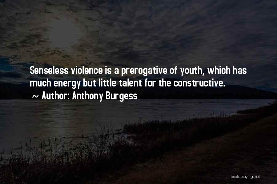 Anthony Burgess Quotes: Senseless Violence Is A Prerogative Of Youth, Which Has Much Energy But Little Talent For The Constructive.