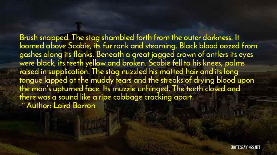 Laird Barron Quotes: Brush Snapped. The Stag Shambled Forth From The Outer Darkness. It Loomed Above Scobie, Its Fur Rank And Steaming. Black