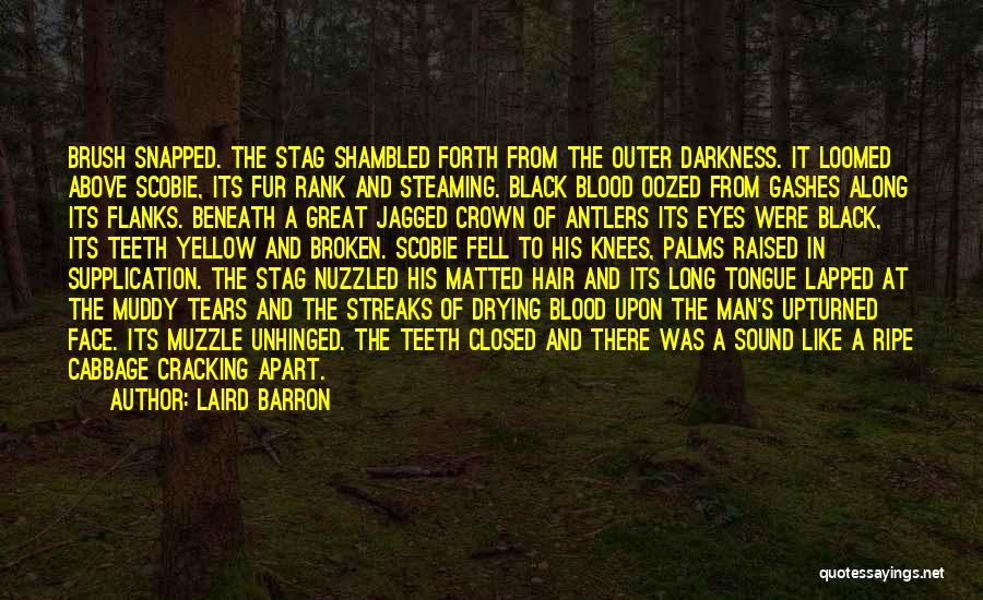 Laird Barron Quotes: Brush Snapped. The Stag Shambled Forth From The Outer Darkness. It Loomed Above Scobie, Its Fur Rank And Steaming. Black