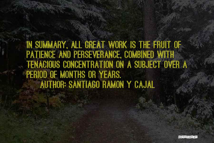 Santiago Ramon Y Cajal Quotes: In Summary, All Great Work Is The Fruit Of Patience And Perseverance, Combined With Tenacious Concentration On A Subject Over