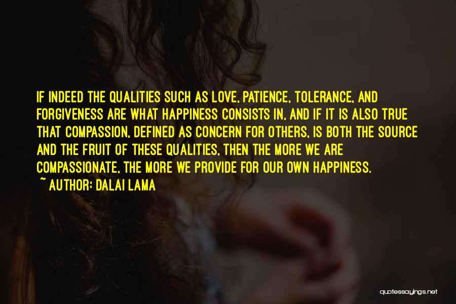 Dalai Lama Quotes: If Indeed The Qualities Such As Love, Patience, Tolerance, And Forgiveness Are What Happiness Consists In, And If It Is