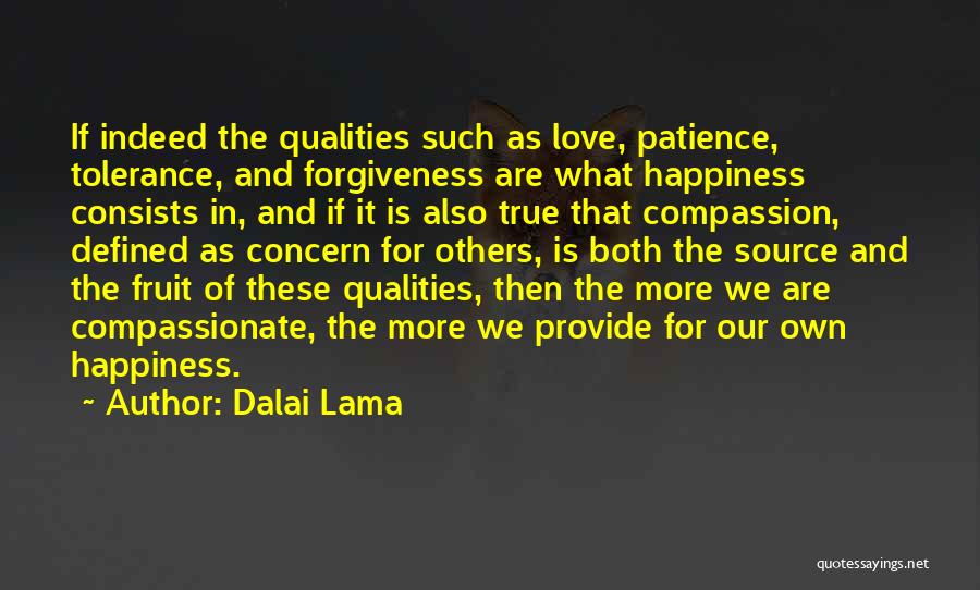 Dalai Lama Quotes: If Indeed The Qualities Such As Love, Patience, Tolerance, And Forgiveness Are What Happiness Consists In, And If It Is