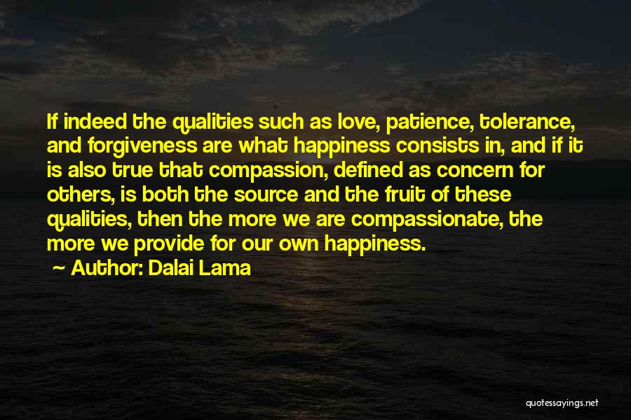 Dalai Lama Quotes: If Indeed The Qualities Such As Love, Patience, Tolerance, And Forgiveness Are What Happiness Consists In, And If It Is