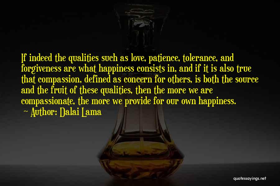 Dalai Lama Quotes: If Indeed The Qualities Such As Love, Patience, Tolerance, And Forgiveness Are What Happiness Consists In, And If It Is