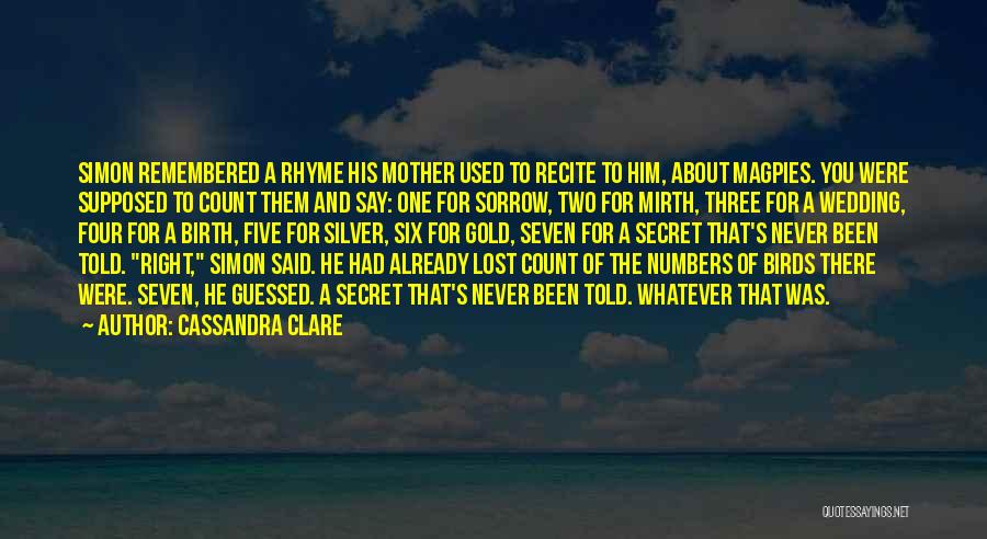 Cassandra Clare Quotes: Simon Remembered A Rhyme His Mother Used To Recite To Him, About Magpies. You Were Supposed To Count Them And