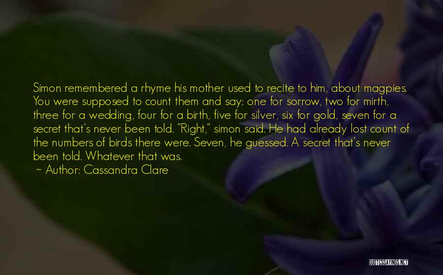 Cassandra Clare Quotes: Simon Remembered A Rhyme His Mother Used To Recite To Him, About Magpies. You Were Supposed To Count Them And