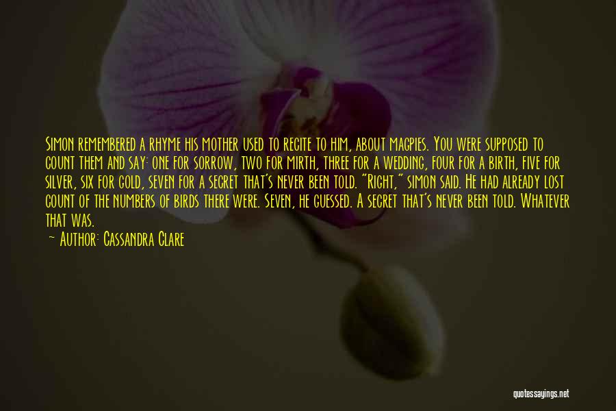 Cassandra Clare Quotes: Simon Remembered A Rhyme His Mother Used To Recite To Him, About Magpies. You Were Supposed To Count Them And
