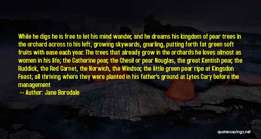 Jane Borodale Quotes: While He Digs He Is Free To Let His Mind Wander, And He Dreams His Kingdom Of Pear Trees In