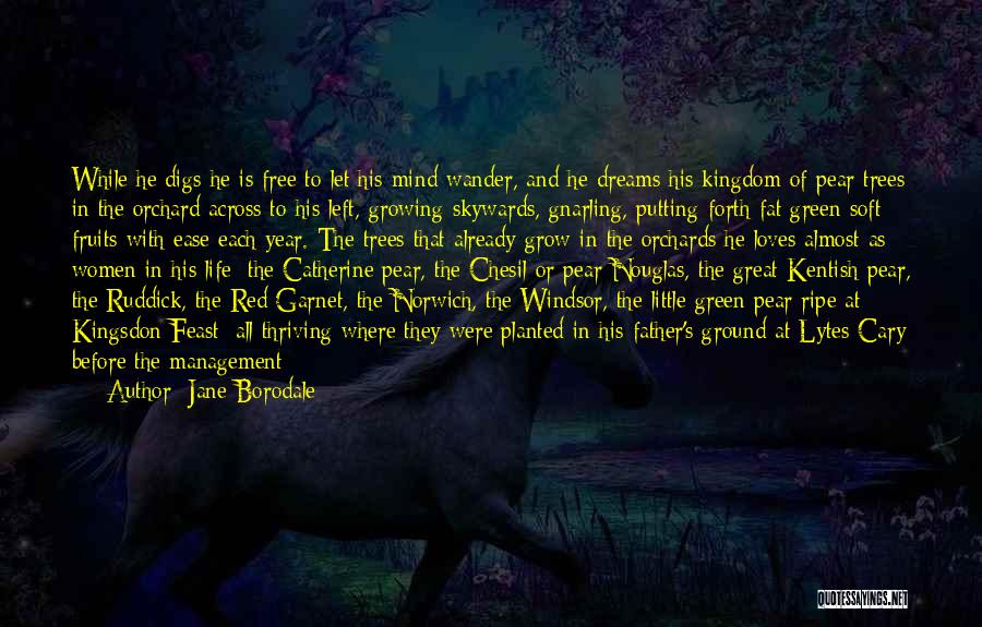 Jane Borodale Quotes: While He Digs He Is Free To Let His Mind Wander, And He Dreams His Kingdom Of Pear Trees In