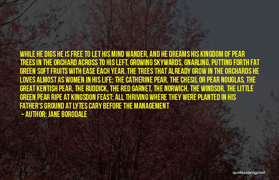 Jane Borodale Quotes: While He Digs He Is Free To Let His Mind Wander, And He Dreams His Kingdom Of Pear Trees In