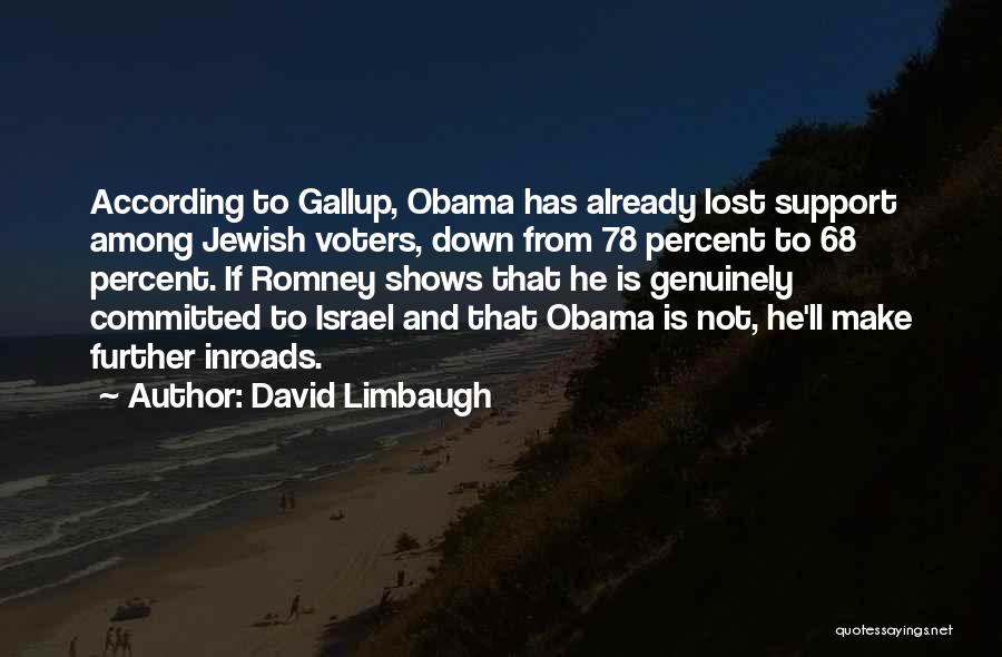 David Limbaugh Quotes: According To Gallup, Obama Has Already Lost Support Among Jewish Voters, Down From 78 Percent To 68 Percent. If Romney
