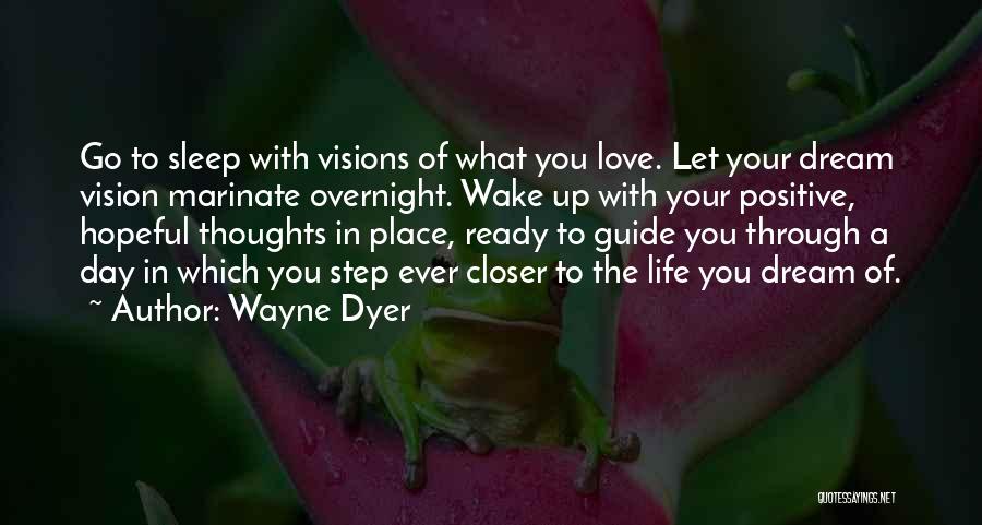 Wayne Dyer Quotes: Go To Sleep With Visions Of What You Love. Let Your Dream Vision Marinate Overnight. Wake Up With Your Positive,