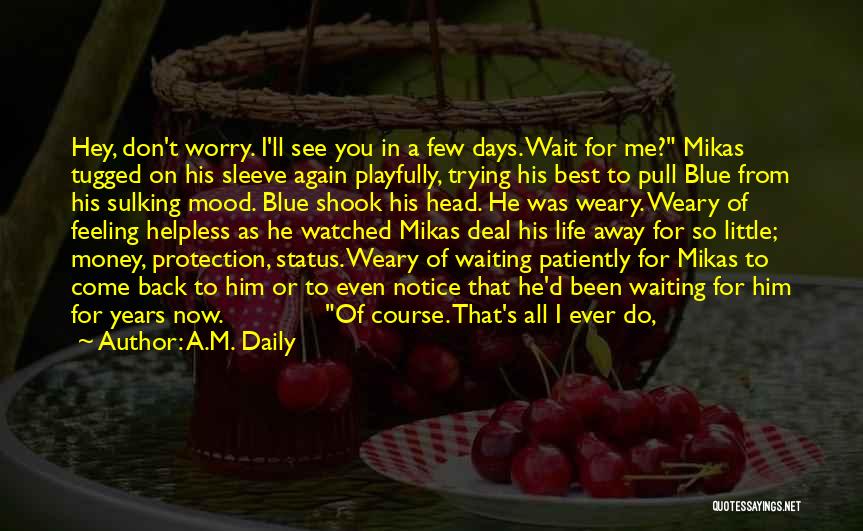 A.M. Daily Quotes: Hey, Don't Worry. I'll See You In A Few Days. Wait For Me? Mikas Tugged On His Sleeve Again Playfully,