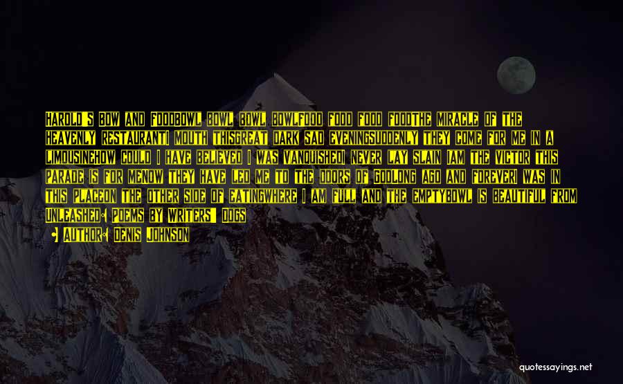 Denis Johnson Quotes: Harold's Bow And Foodbowl Bowl Bowl Bowlfood Food Food Foodthe Miracle Of The Heavenly Restauranti Mouth Thisgreat Dark Sad Eveningsuddenly