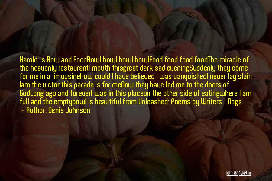 Denis Johnson Quotes: Harold's Bow And Foodbowl Bowl Bowl Bowlfood Food Food Foodthe Miracle Of The Heavenly Restauranti Mouth Thisgreat Dark Sad Eveningsuddenly