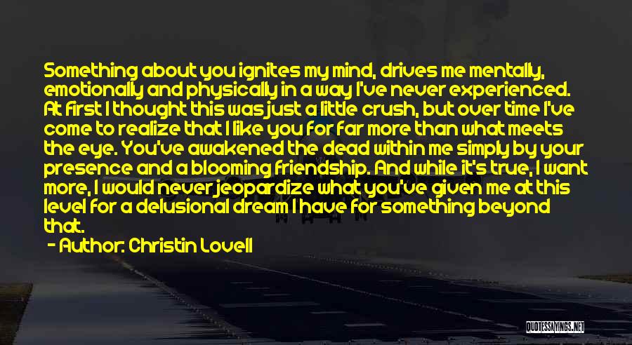 Christin Lovell Quotes: Something About You Ignites My Mind, Drives Me Mentally, Emotionally And Physically In A Way I've Never Experienced. At First