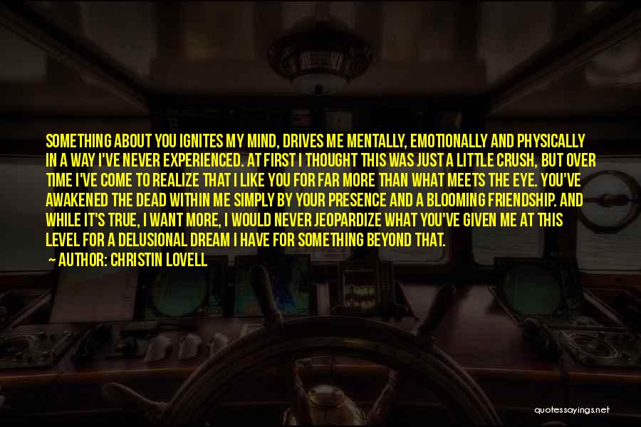 Christin Lovell Quotes: Something About You Ignites My Mind, Drives Me Mentally, Emotionally And Physically In A Way I've Never Experienced. At First