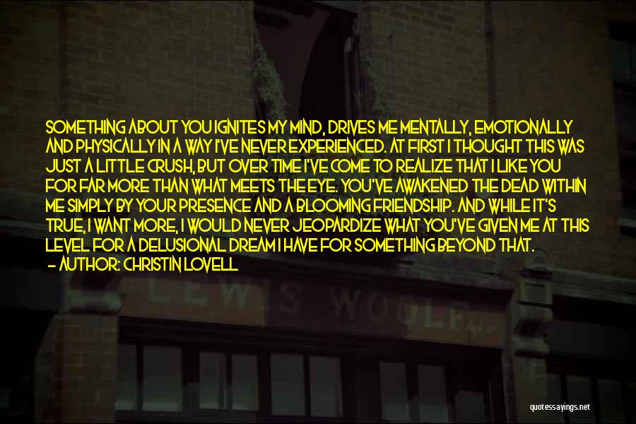 Christin Lovell Quotes: Something About You Ignites My Mind, Drives Me Mentally, Emotionally And Physically In A Way I've Never Experienced. At First