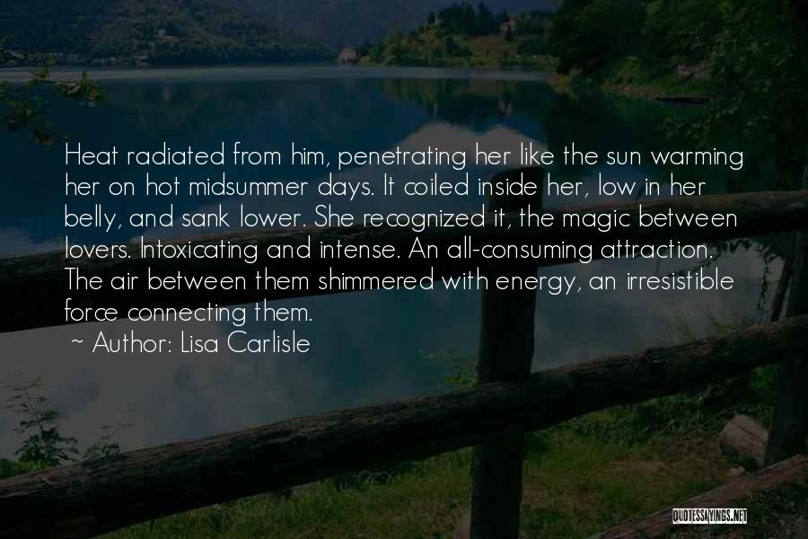 Lisa Carlisle Quotes: Heat Radiated From Him, Penetrating Her Like The Sun Warming Her On Hot Midsummer Days. It Coiled Inside Her, Low